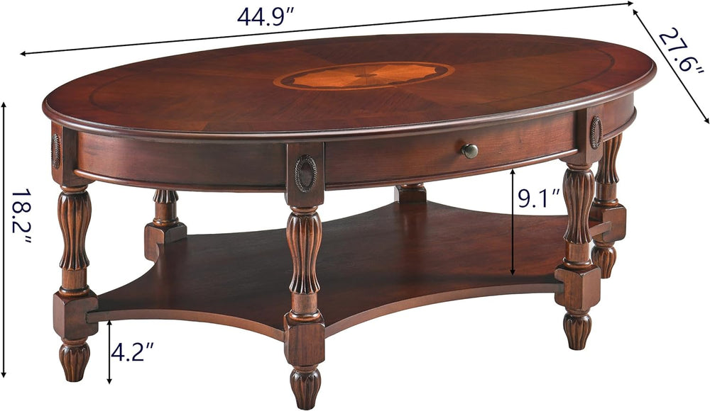 Solid Wood Oval Coffee Table with Storage Drawer, Cherry Walnut