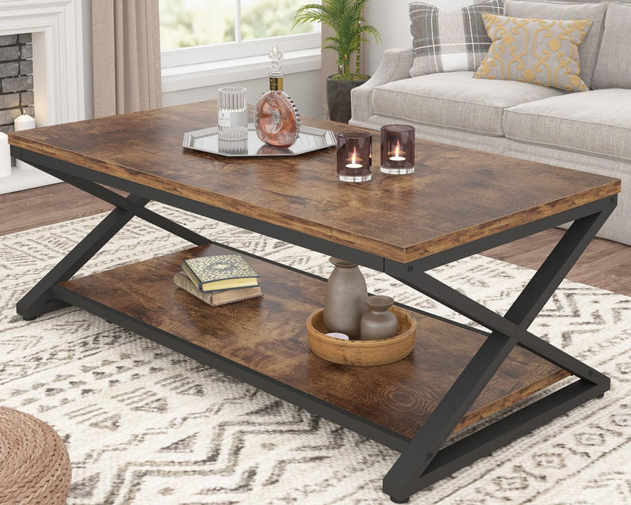 Rustic Coffee Table with Storage Shelf, Industrial Metal Wood, Rustic Brown