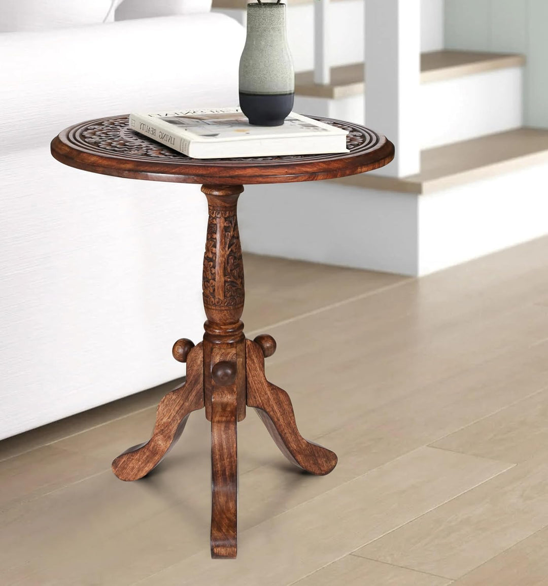 Round Carved Wood Accent Table with Pedestal Base