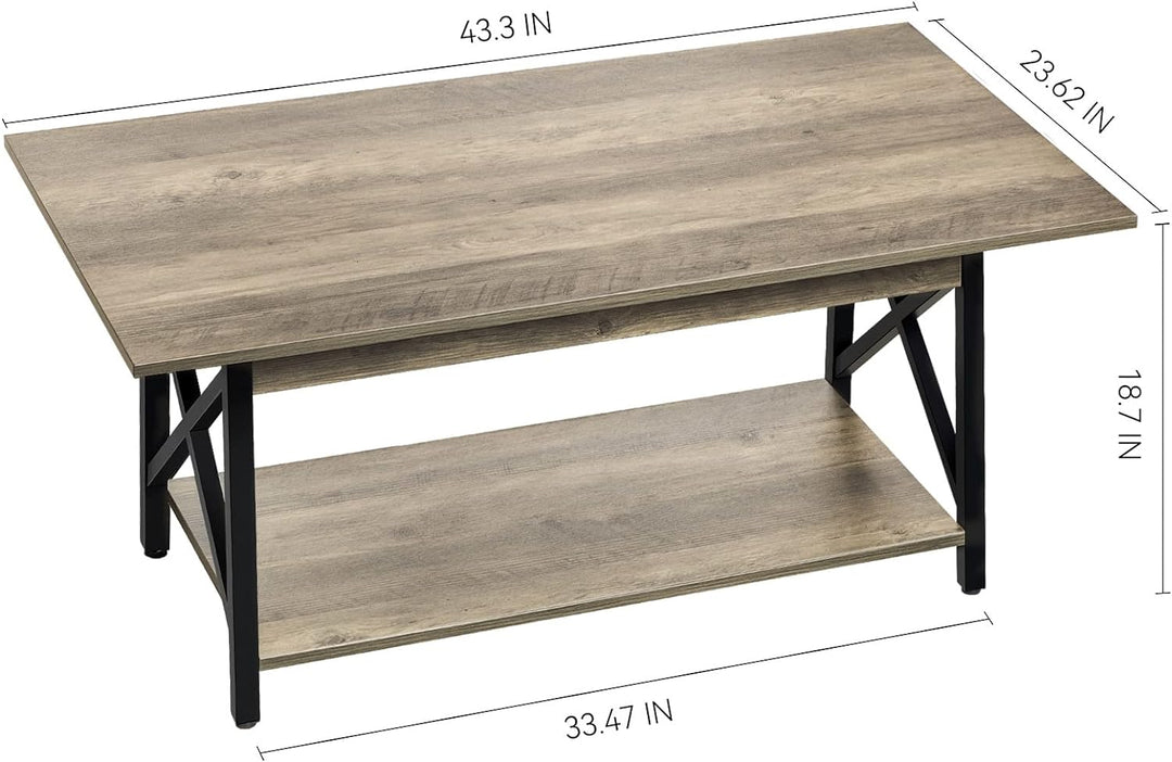 Rustic Farmhouse Coffee Table with Storage Shelf, Gray Wash