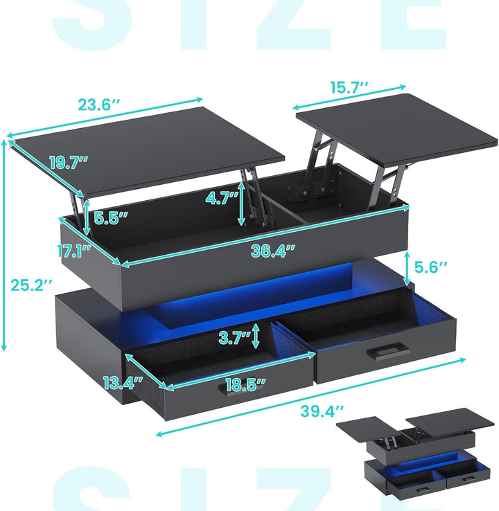 Lift Top Coffee Table with Storage Drawers and LED Light, Black