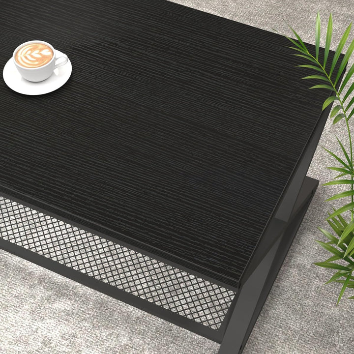 Elegant Black Oak Coffee Table, Modern 2-Tier Center Tables with Storage