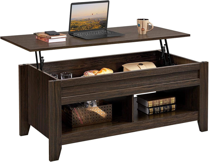 Lift Top Coffee Table with Hidden Storage and Open Shelves, Espresso