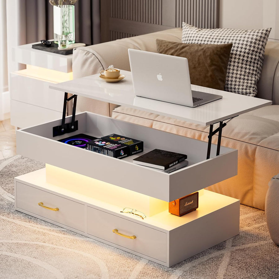 Lift Top Coffee Table with LED Lights, 2 Drawers, Hidden Compartment, White