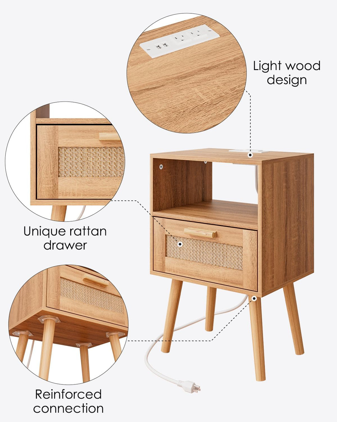 Nightstands with Charging Station, Rattan Drawers