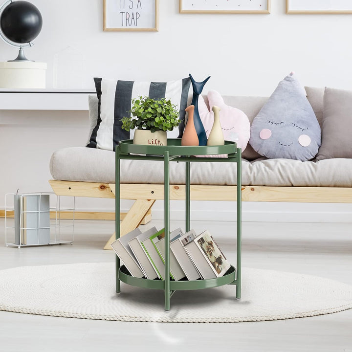 2 Tier Green Side Table, Folding Round Metal End