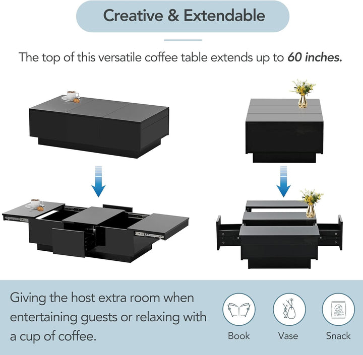 Multifunctional Extendable Coffee Table with Hidden Storage, Drawers, and Sliding Tabletop, Black