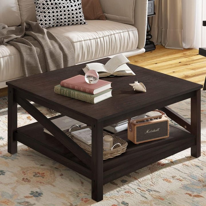 Versatile 2-Tier Square Coffee Table with Storage, Espresso