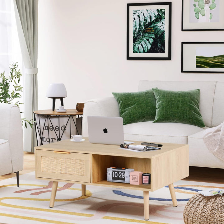 Rattan Coffee Table, Mid-Century Modern Rectangular Center Table, Natural Wood