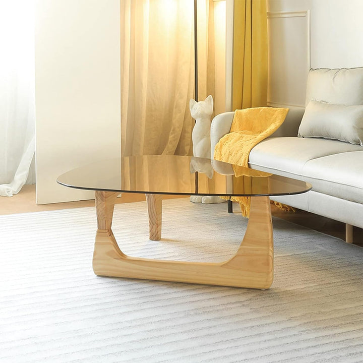 Triangle Glass Coffee Table, Mid-Century Modern End Table, Living Room (Raw Wood/Brown)