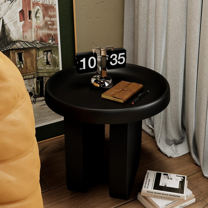 Round Side Table, Modern end Table, Metal Accent (Black)