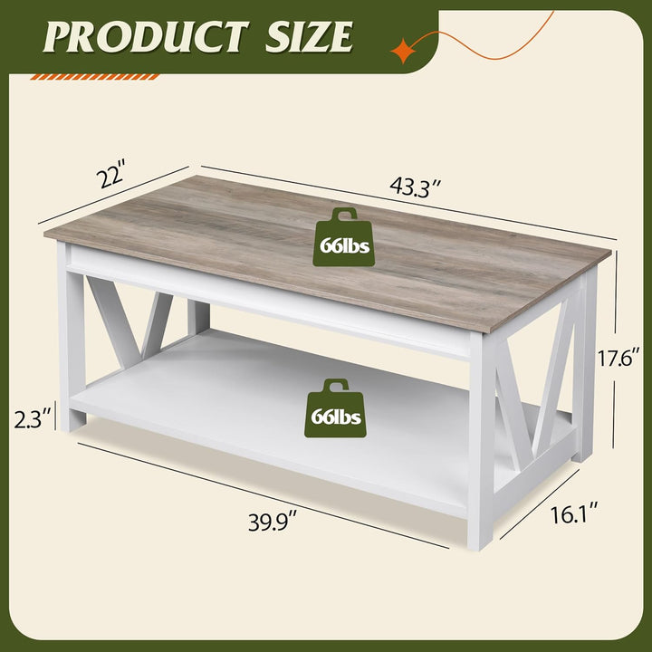 Farmhouse Coffee Table with Storage, 43-Inch Wood Center Table, V-Shaped Frame, White and Grey