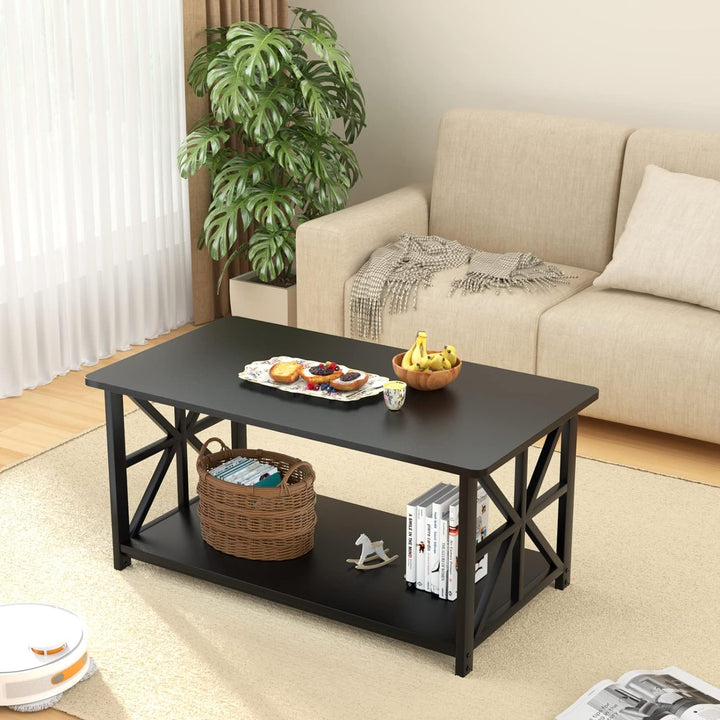 Farmhouse Coffee Table w/ Round Corners, 2-Tier Storage, Black