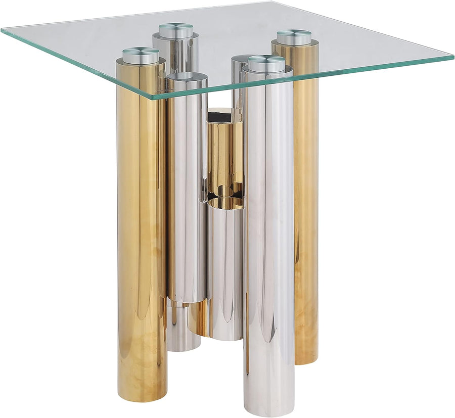 20" Wide Square End Table with Glass Top, Golden Stainless Steel Tempered Glass Coffee Table, Gold