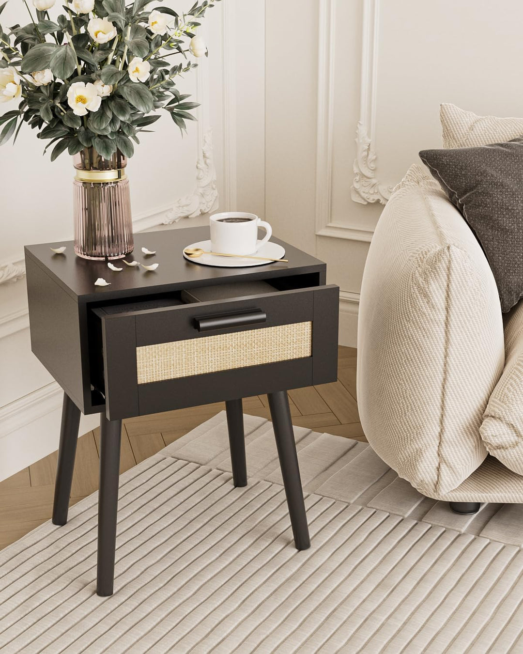 Wooden Nightstands with Rattan Weaving Drawer