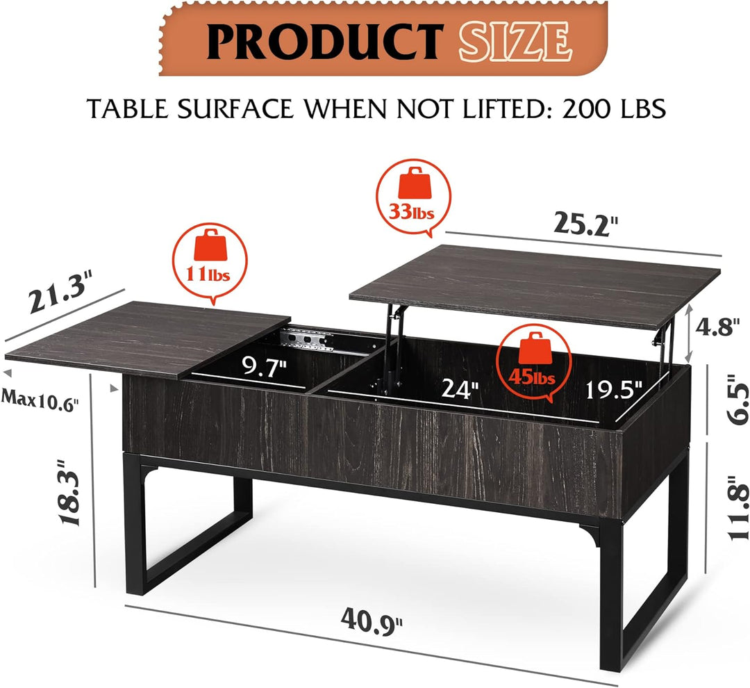 Lift Top Coffee Table with Hidden Storage, Modern Wood Black