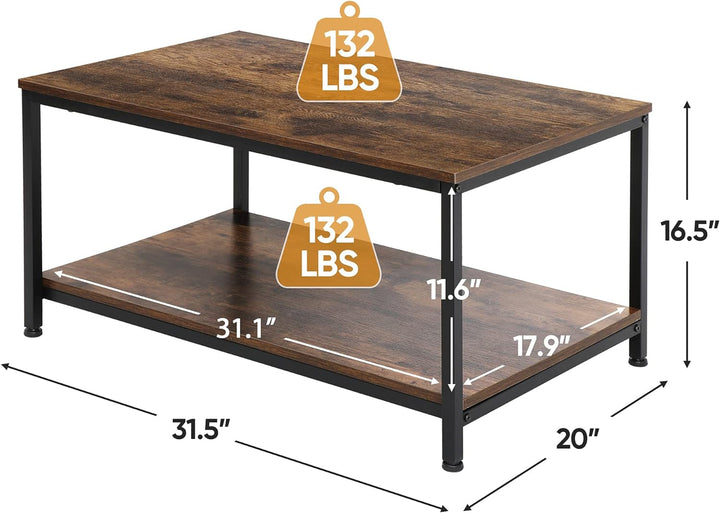 Rustic 2-Tier Industrial Coffee Table with Storage Shelf, Rectangular Wood and Metal TV Stand