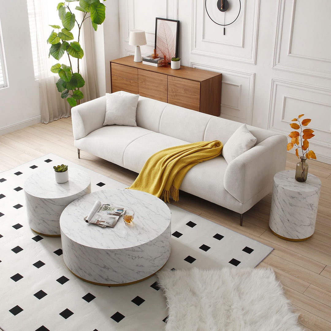 Modern Round Gold Drum Coffee Table, Circle Sofa Table, Marble White