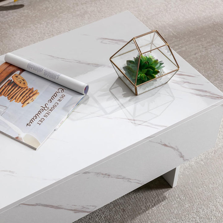 Marble White Cool Coffee Table, Rectangular Glossy Smart Contemporary Center Table, White