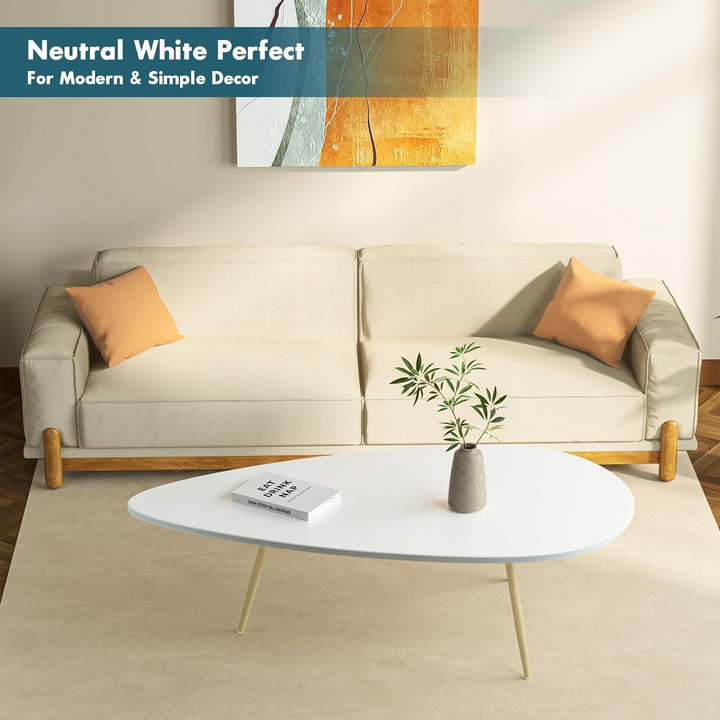 Modern Oval Coffee Table for Small Spaces, White Wood Frame