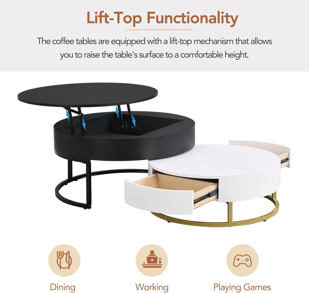 LUMISOL Lift Top Coffee Table Set, Nesting Round Tables, Hidden Storage, Whiteblack