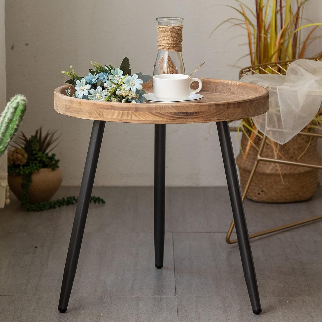 Round End Table, Side Table Nightstand with Wooden Tray