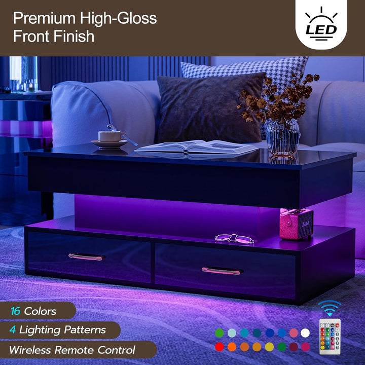 Lift Top Coffee Table with LED Lights, 2 Drawers, Black