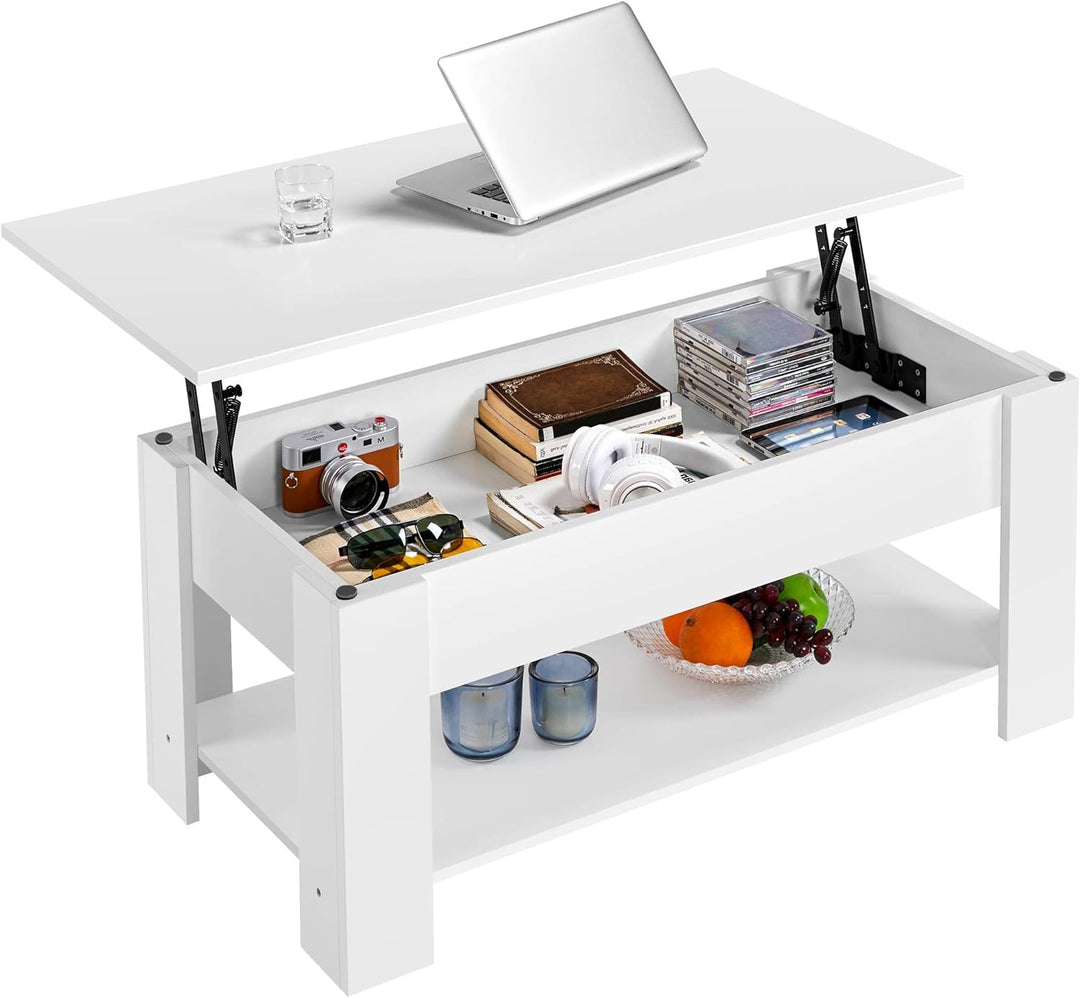 Lift Top Coffee Table with Hidden Storage and Shelf, White