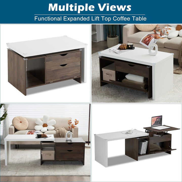 Versatile Extendable Wood Coffee Table with Storage, Walnut & White