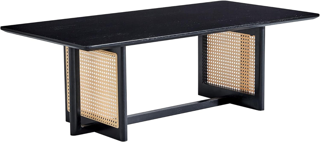 Mid-Century Modern Wood Coffee Table with PE Rattan, Black