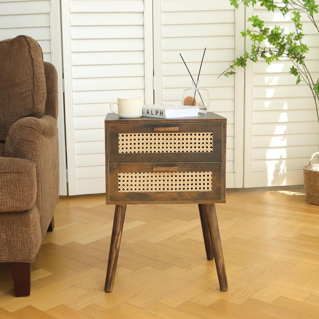 Mid Century Nightstand, Modern Rattan Bedside Table