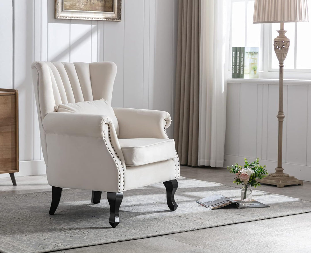 Cream Velvet Wingback Chair with Pillow