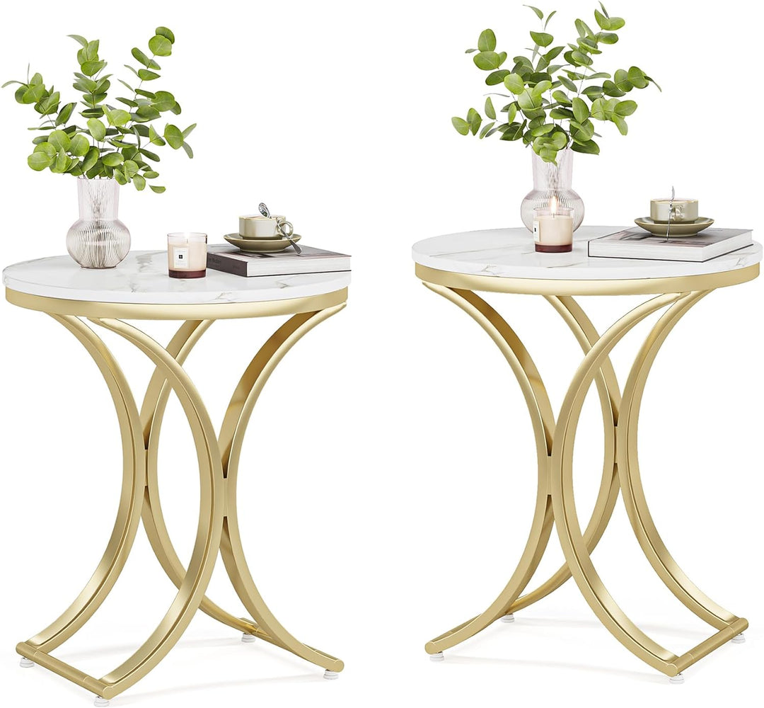 Small Round Sofa Side Table Set of 2, Contemporary Round Coffee Table, Accent Table Bedside Table with Gold Metal Frame and Faux Marble Veneer Engineered Wood for Living Room