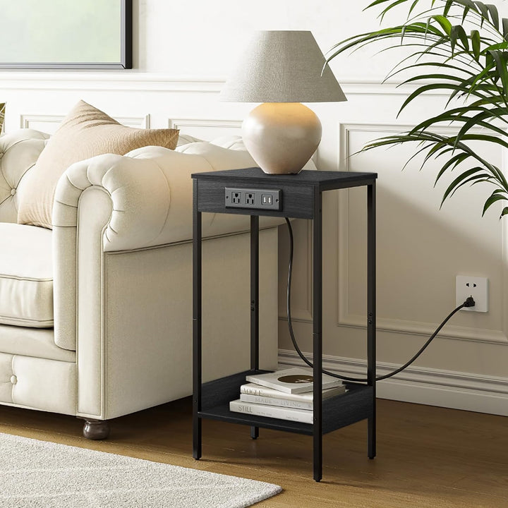 Tall Side Table w/ Charging Station, Black Table