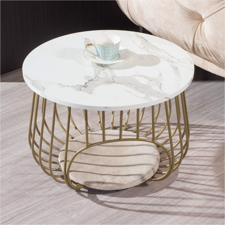 22" Round Coffee Table, Modern Cocktail Table, White Marble, Gold