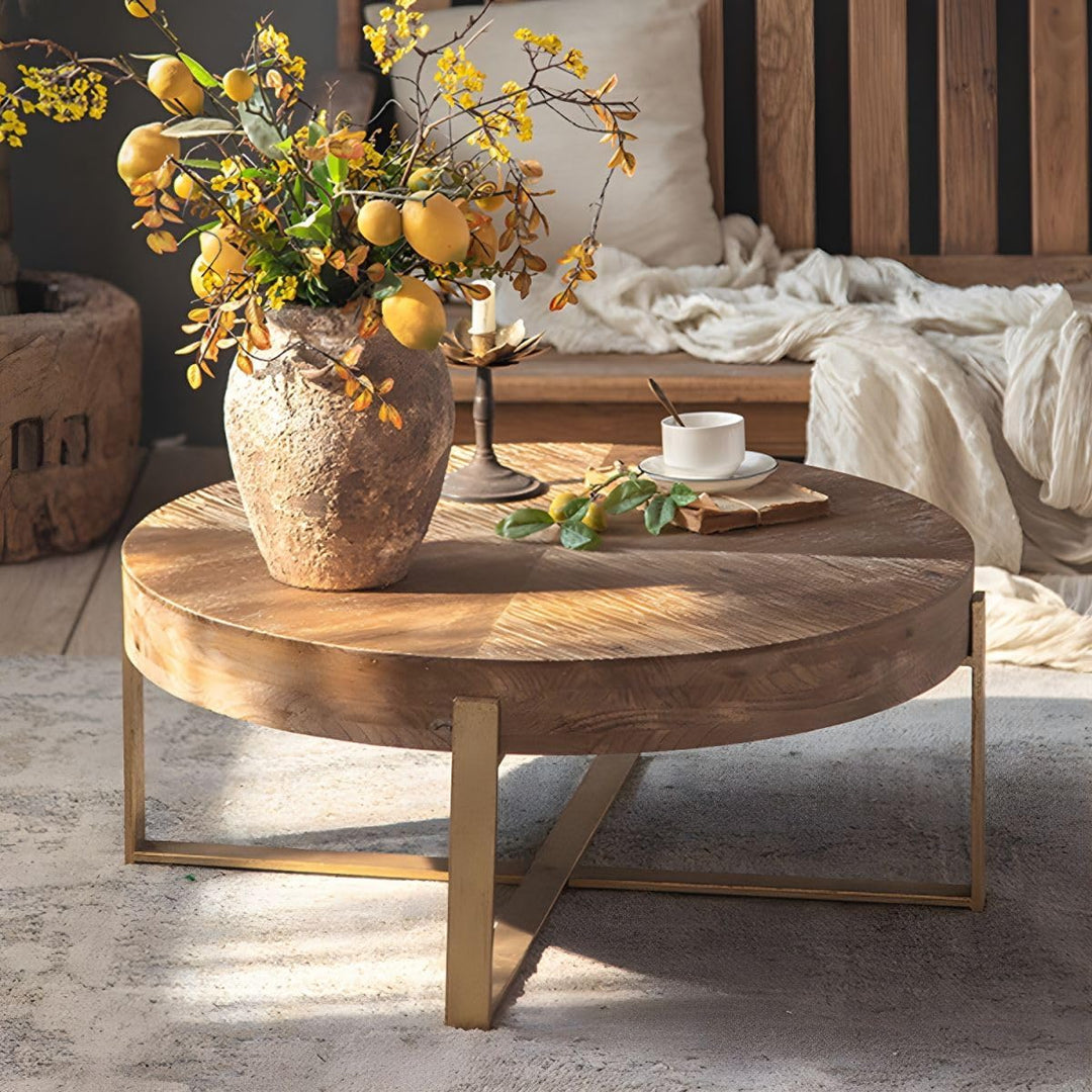 Rustic Round Wood Coffee Table with Metal Legs, Farmhouse