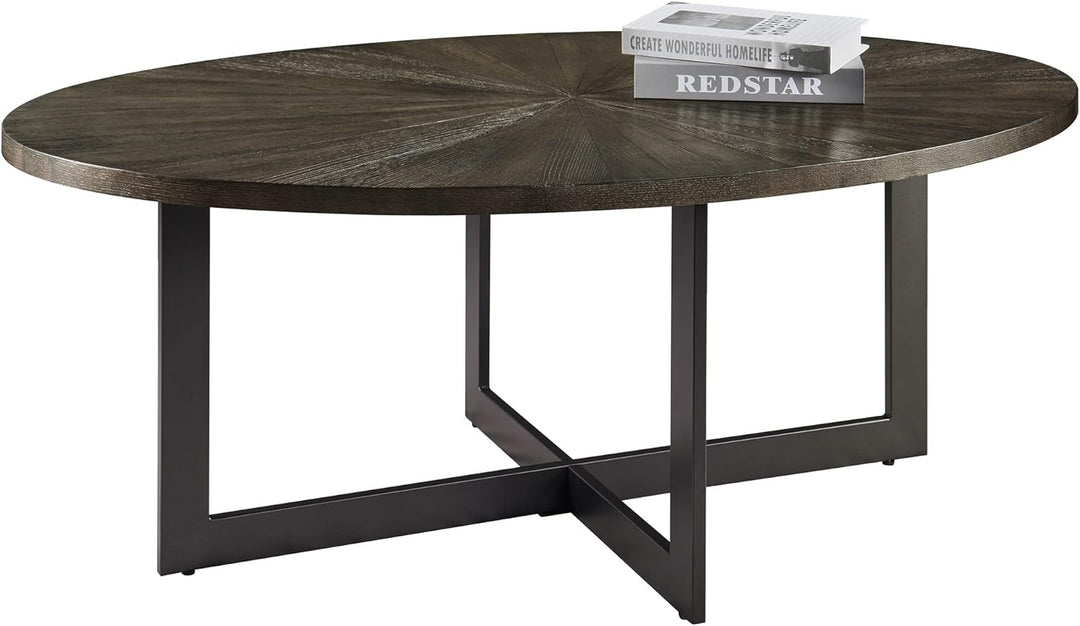 Solid Wood Oval Coffee Table with Cross Metal Legs, Black