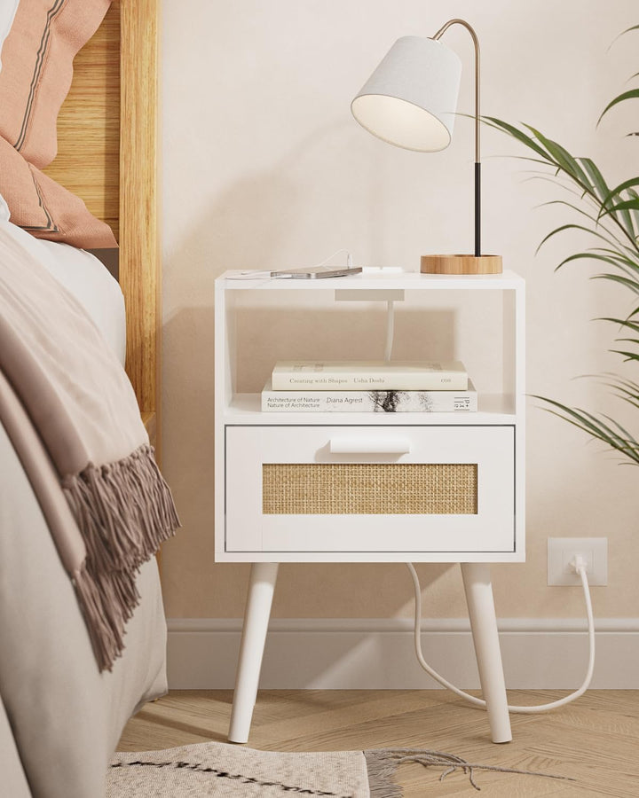 Rattan Nightstand w/ Charging Station, Storage Drawers