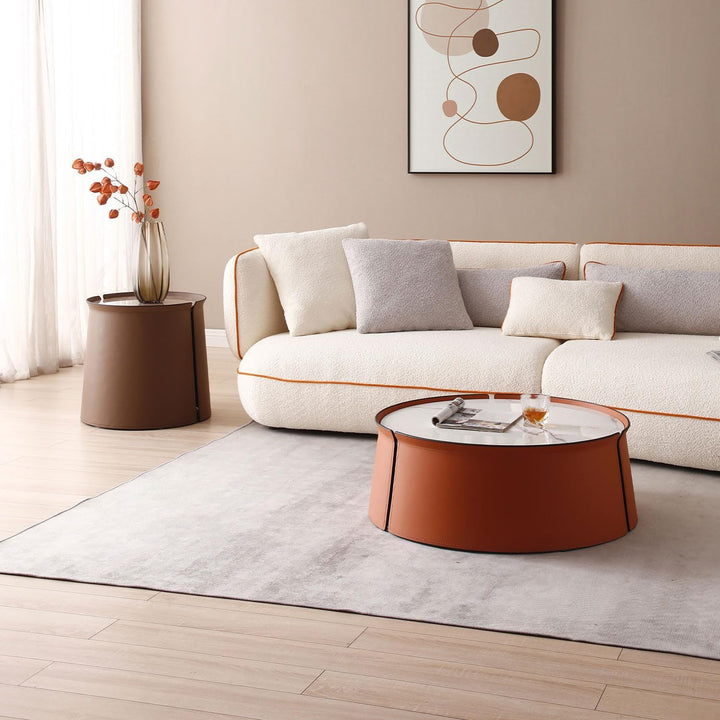 Set of 2 Modern Round Coffee Table and End Table, Faux Marble & Brown