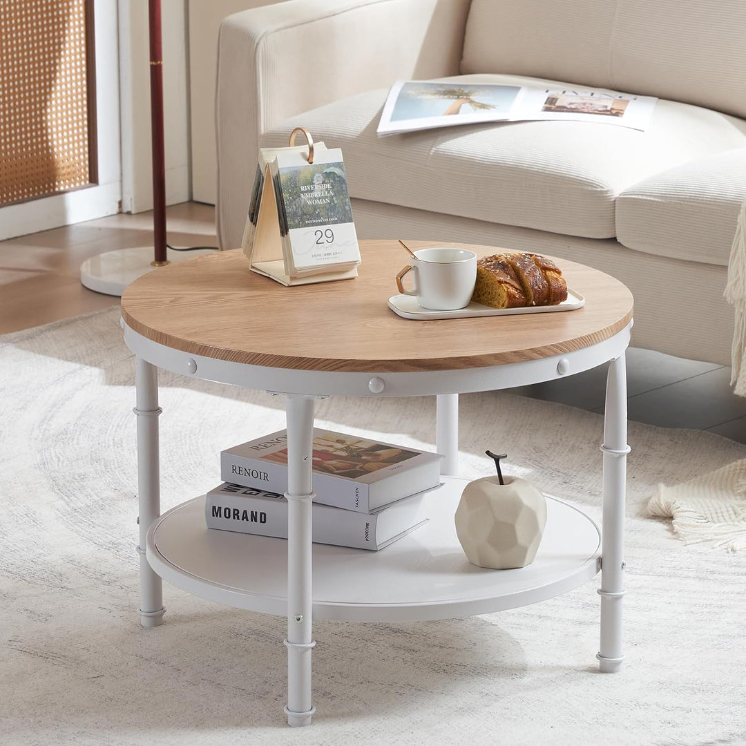 Rustic Farmhouse Coffee Table with 2-Tier Storage, Natural White