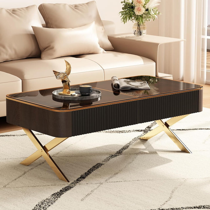 Coffee Table with Drawers, Teal Glass Top, Smokey Color