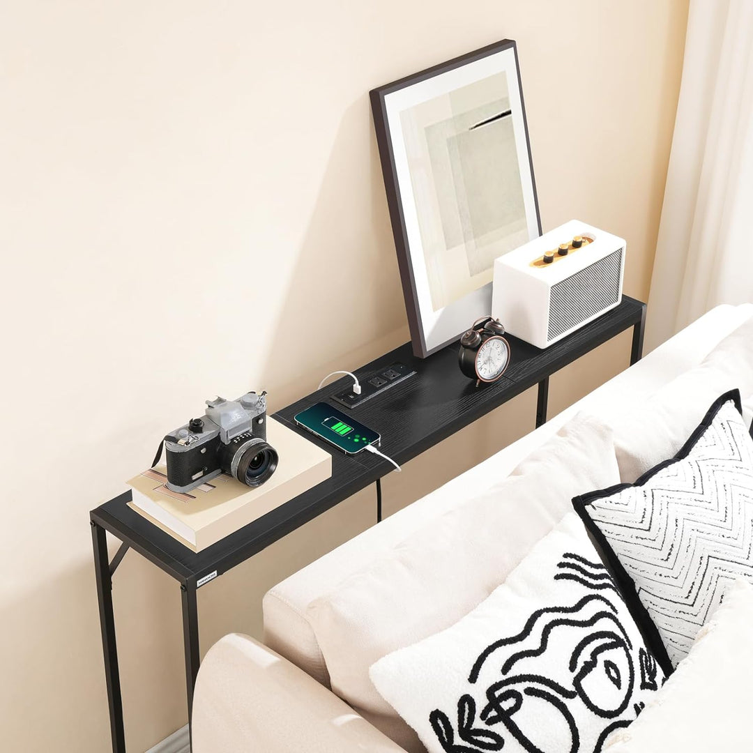 Console Table, Narrow Sofa Table, 43.3 Entrance Table with Power Station, Black CTHB112E01