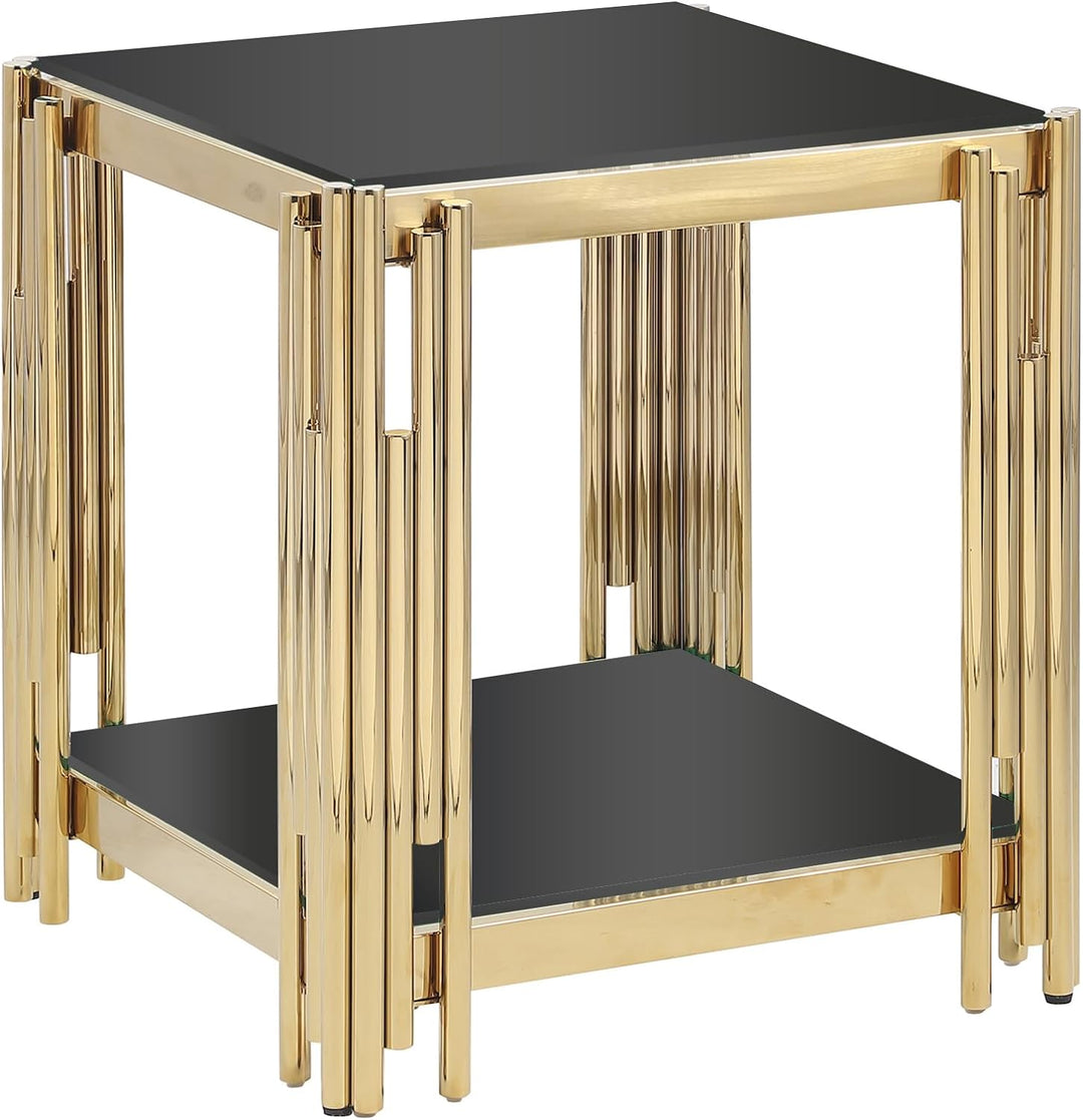 20" Gold End Table with Black Glass Top, Stainless Steel, Black4