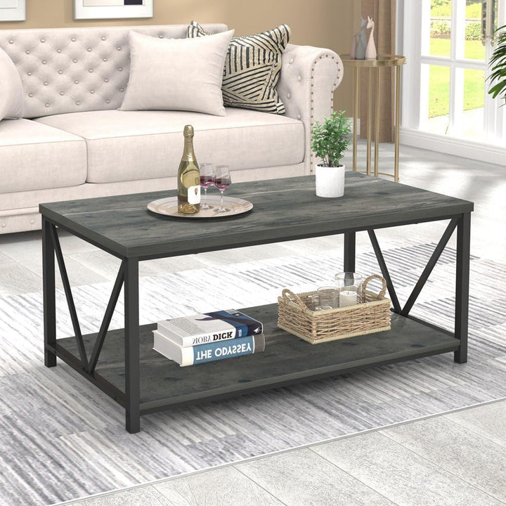 Coffee Table, Rustic Wood and Metal Center Table for Living Room, Grey