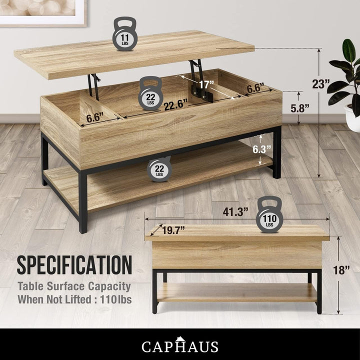 Lift Top Coffee Table with Storage, Open Shelf, Hidden Compartment, Natural Oak