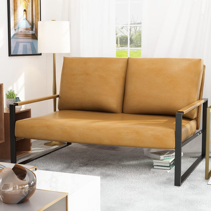 Mid-Century Modern Loveseat Sofa Faux Leather 2-Seat Couch