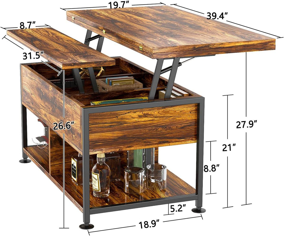 Lift-Top Coffee Table w/ Hidden Compartment, Modern Dining Table, Rustic Brown