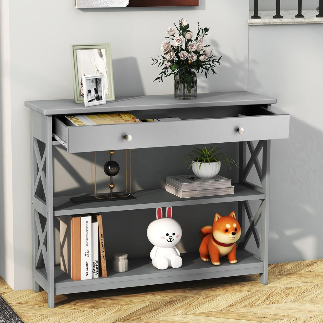 3-Tier Console Table, Wooden Sofa Tables Narrow (Grey)