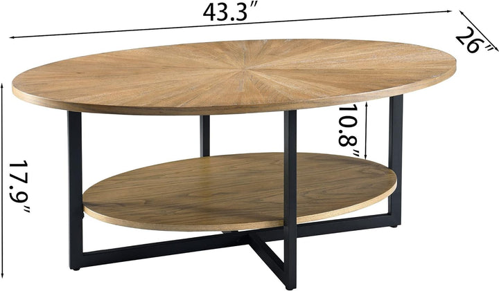 Solid Wood Oval Coffee Table with Cross Metal Legs, Rustic Nature