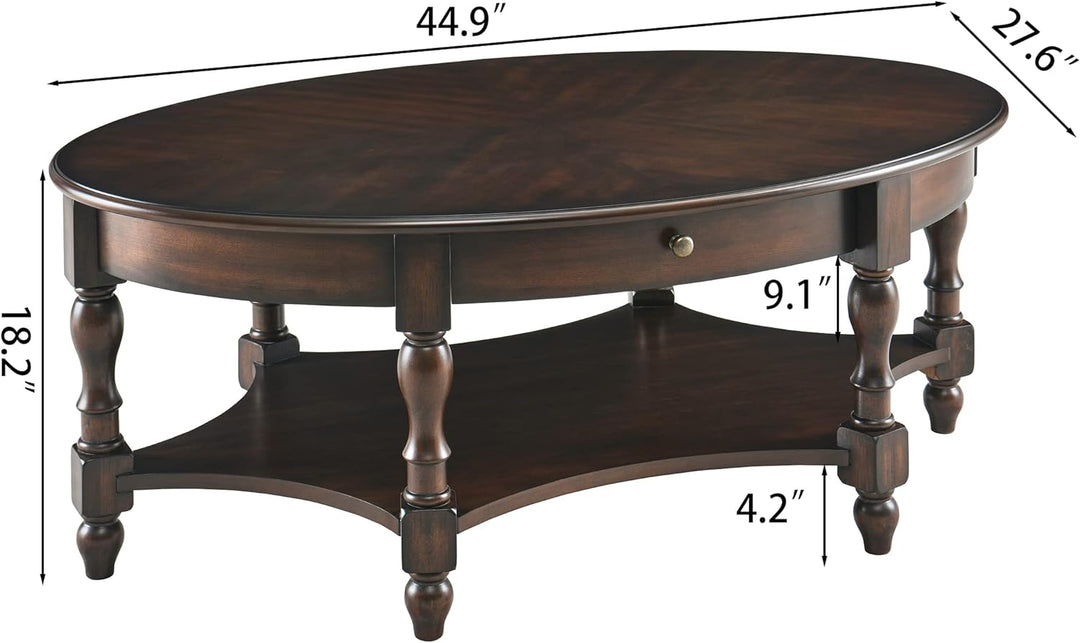 Elegant 2-Tier Solid Wood Coffee Table, Antique Victorian Ellipse, Dark Walnut